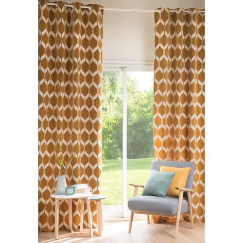 Textil Gardinen und Vorhänge | Grafischer Ösenvorhang senfgelb und weiß, 1 Vorhang 140x300 - DW41493