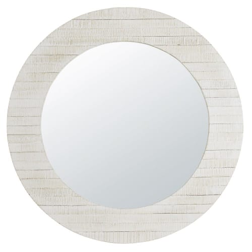 Dekoration Wandspiegel und Barock Spiegel | Gravierter runder Spiegel aus Mangoholz, weiß, D110cm - NN25678