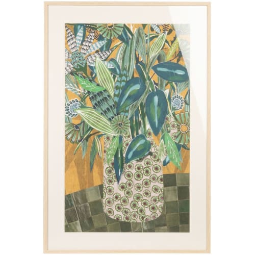 Green plant paper print with wooden intermediate frame and PVC glass