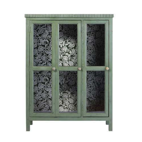 Green Solid Acacia and Tempered Glass 2-Door Display Case