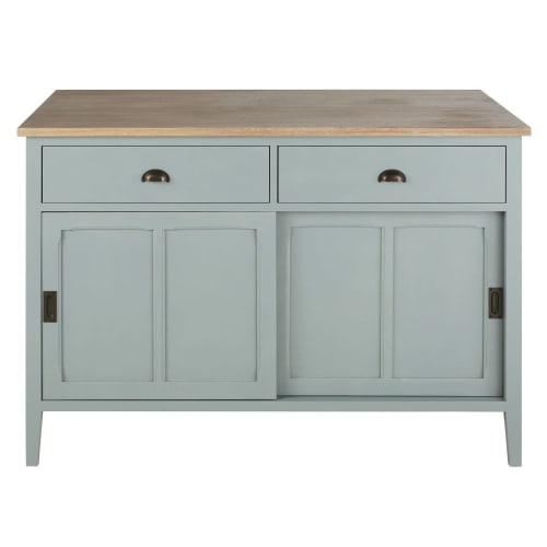 Grey-green central kitchen island with 2 doors and 2 drawers
