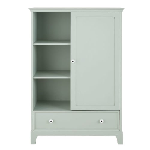 Grey green children's storage cabinet with 1 door and 1 drawer