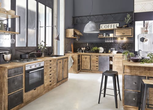 Grey Metal and Mango Wood Kitchen Island Melchior | Maisons du Monde