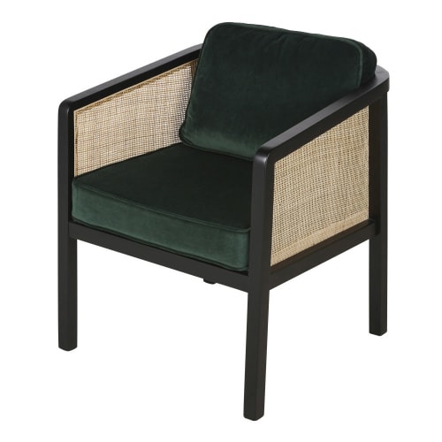 Groene fluwelen fauteuil met vlechtwerk van rotan zwart berkenhout