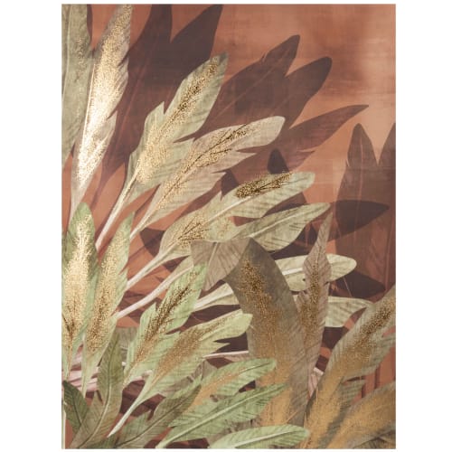 Grüner Blätterdruck auf Leinwand mit goldfarbenen Details aus Blattgold, 63x82cm