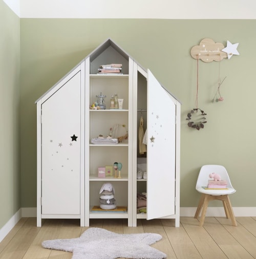 Guardaroba a forma di casa per la camera del bambino Colore bianco e legno naturale 