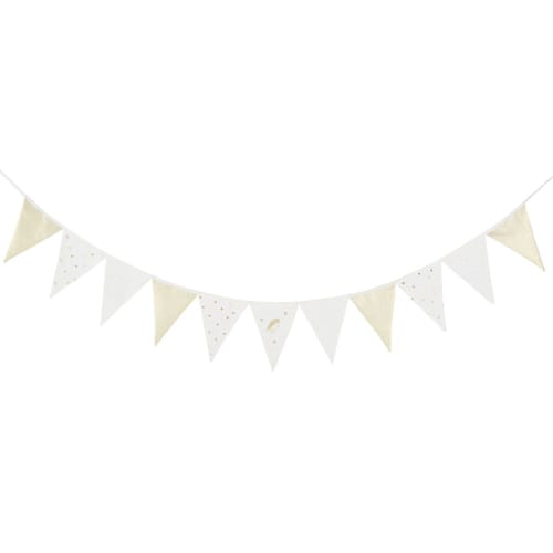 Guirnalda con banderines de algodón estampado en blanco y dorado, L. 200