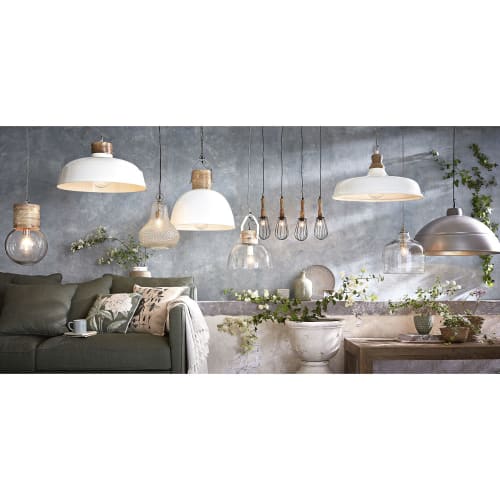 Business Lampen und dekorationsgegenstände | Hängeleuchte aus elfenbeinfarben Metall und Mangoholz - TF68057