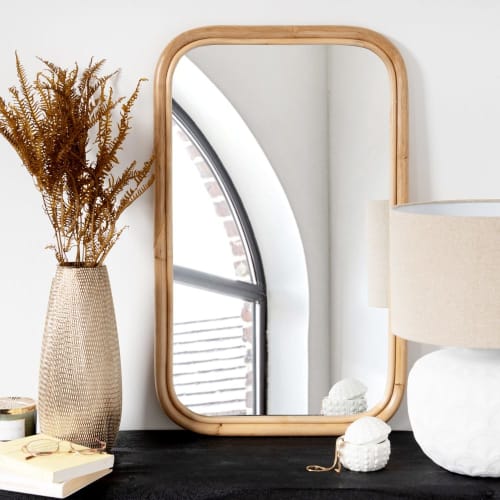 Dekoration Wandspiegel und Barock Spiegel | Handgearbeiteter Spiegel aus Rattan, beige, 45x72cm - NB36033