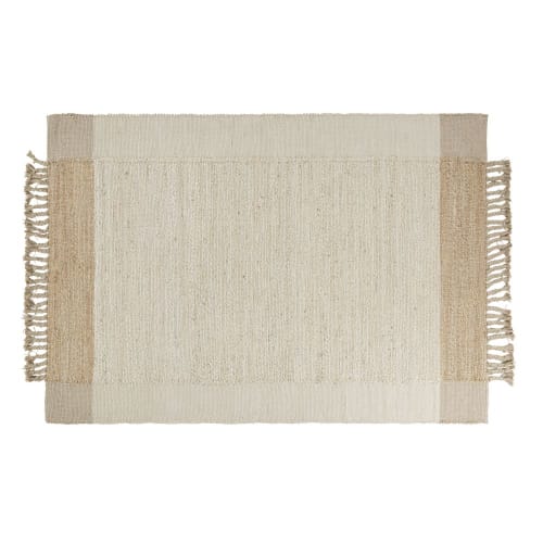 Handgefertigter Teppich aus Jute, beige und ecrufarben mit Fransen, 140x200cm