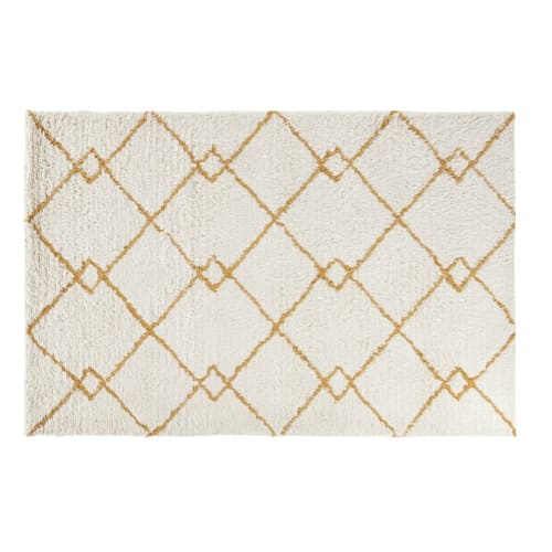 Textil Teppiche | Handgefertigter Teppich aus Wolle mit senfgelben und beigefarbenen grafischen Motiven, 140x200cm - BQ93105