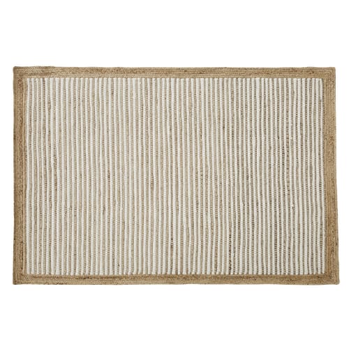 Handgeweven tapijt van wit gerecycleerd katoen en beige jute 140 x 200 cm