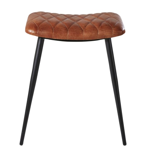 Möbel Hocker und Sitzhocker | Hocker aus abgestepptem braunem Ziegenleder und schwarzem Metall - KD73006