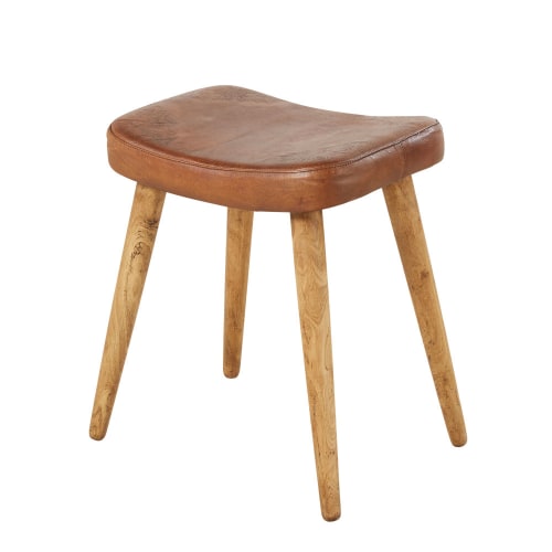 Möbel Hocker und Sitzhocker | Hocker aus braunem Ziegenleder und Eukalyptus - UX85820