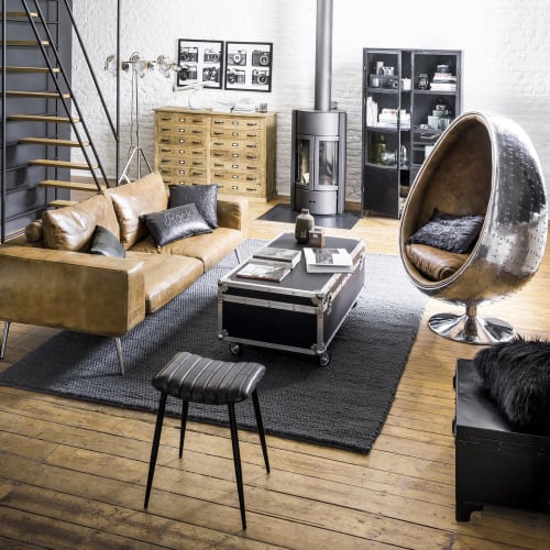 Möbel Hocker und Sitzhocker | Hocker mit Bezug aus abgestepptem Leder und Metallfuß, schwarz - GI37184