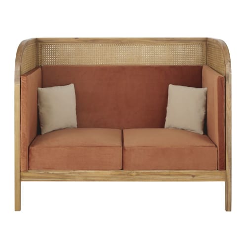 Hohes 2-Sitzer-Sofa zur gewerblichen Nutzung, Rattangeflecht, ziegelsteinfarben Kissen