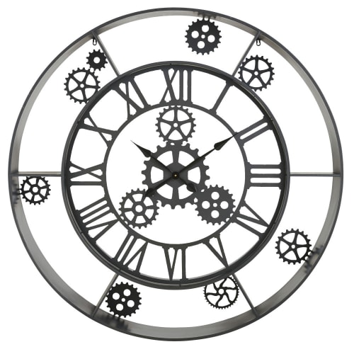 Déco Horloges murales et horloges à poser | Horloge à rouages en métal gris et noir D120 - ZJ69763
