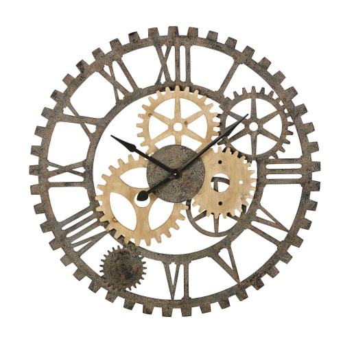 Déco Horloges murales et horloges à poser | Horloge rouages en sapin et métal noir D100 - ZJ28417