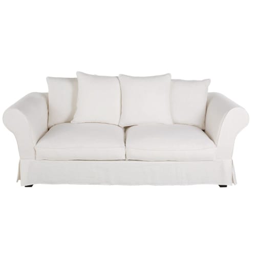 Housse de canapé fixe et convertible 3/4 places (6 cm) en lin froissé blanc