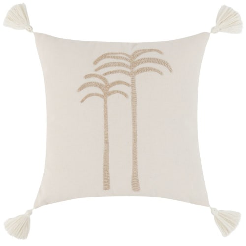 Housse de coussin motifs palmiers brodés et pompons beiges et dorés 40x40 | Maisons du Monde