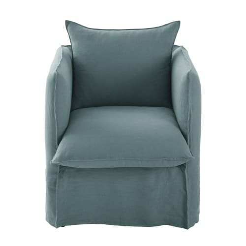 Housse de fauteuil en lin froissé bleu céladon