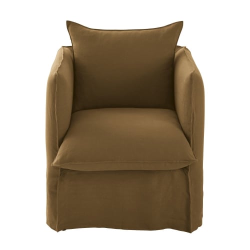 Housse de fauteuil en lin froissé marron havane