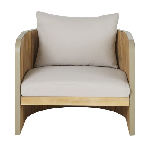 ichtgrijs fauteuil met latjes van acaciahout voor professioneel gebruik