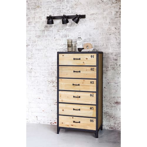 Indstrial Black Metal And Fir Wood 6 Drawer Tall Chest Of Drawers