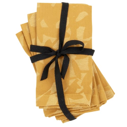 Jacquard-Handtücher aus Bio-Baumwolle mit gelben Motiven, Set aus 4, 42x42cm