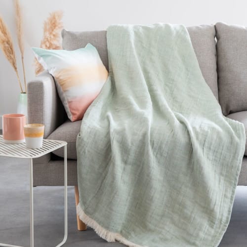 Textil Decken und Bettüberwürfe | Jadegrüne Decke aus Baumwoll- und Leinengaze, 160x210cm - KG44984
