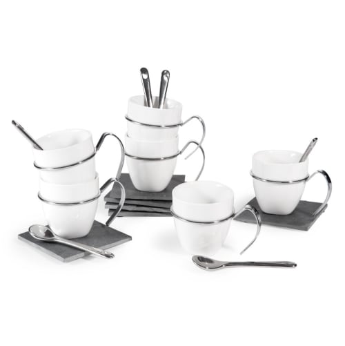2.5 onzas para especialidad café bebidas latte Juego de 6 tazas de café apilables de porcelana con platillos y soporte de metal café moca y té blanco 