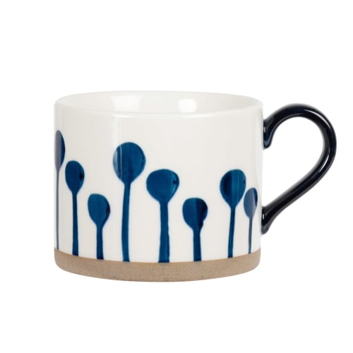 Tischkultur Tassen und Becher | Kaffeebecher aus weißer Fayence, bedruckt mit blauen Pflanzenhalmen - BX18022