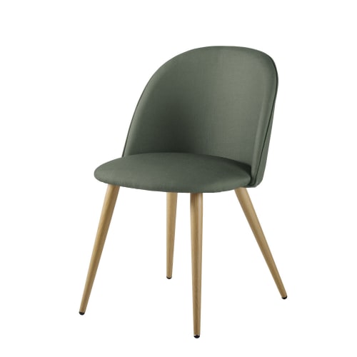 Kakikleurige vintage stoel uit metaal met eikenhouteffect