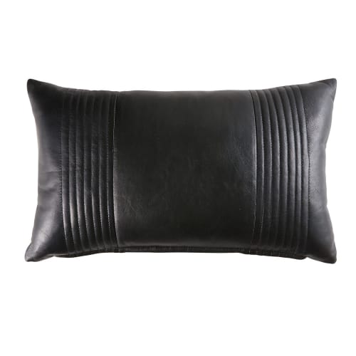 Kissen aus Leder und Baumwolle, schwarz in Steppoptik, 30x50