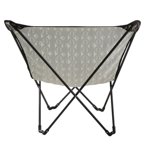 Klappbarer Gartensessel aus Metall und schwarzem Stoff mit Druckmotiv