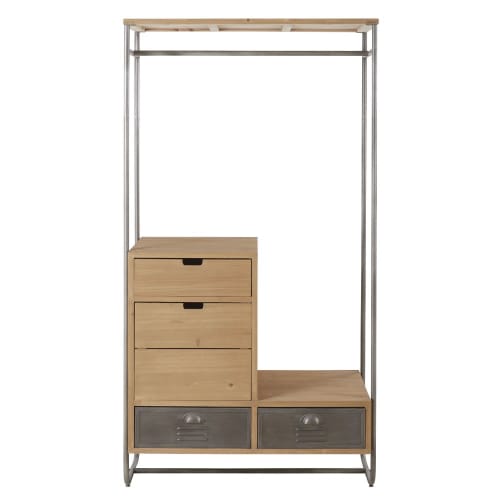 Möbel Garderobe und Flurmöbel | Kleiderschrank mit 4 Schubladen aus Metall und massivem Tannenholz - WN26361