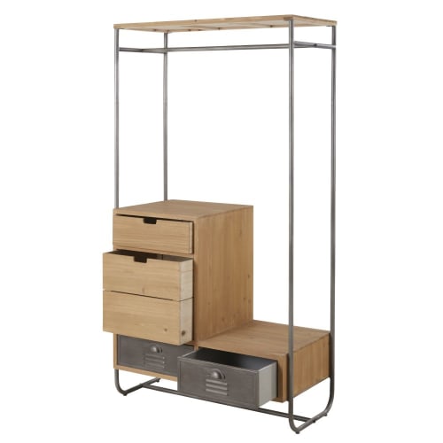 Möbel Garderobe und Flurmöbel | Kleiderschrank mit 4 Schubladen aus Metall und massivem Tannenholz - WN26361