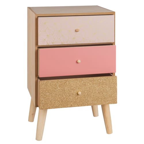Kleines Aufbewahrungsmöbel mit 3 Schubladen in Rosa und Gold Glitter