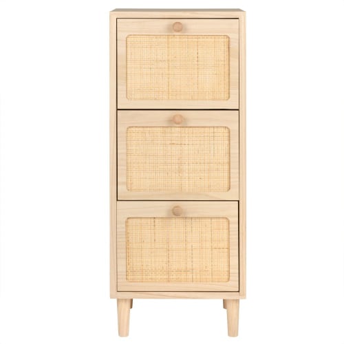 Kleinmöbel aus Paulownienholz mit 3 Schubladen, rosa, Rohrgeflecht