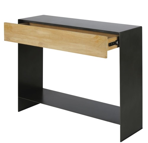 Möbel Konsolen- und Wandtische | Konsole aus schwarzem Metall und massivem Mangoholz - KJ54901