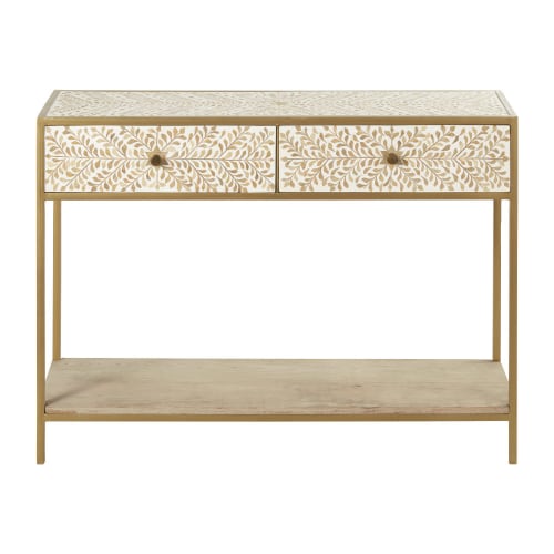 Möbel Konsolen- und Wandtische | Konsole mit 2 Schubladen aus goldfarbenem Metall und geschnitztem massivem Mangoholz - IR01510