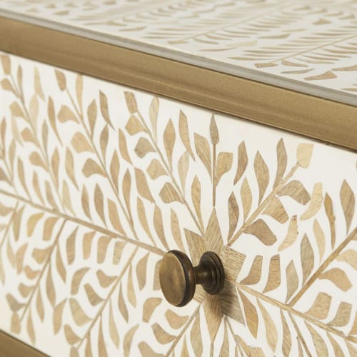 Möbel Konsolen- und Wandtische | Konsole mit 2 Schubladen aus goldfarbenem Metall und geschnitztem massivem Mangoholz - IR01510