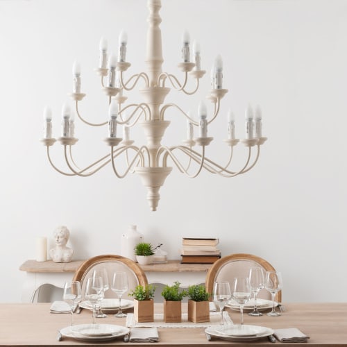 Kronleuchteraus Aus Kiefernholz Und Cremefarben Metall Constance