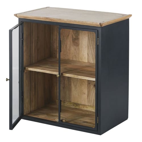 Küchenoberschrank aus massivem Mangoholz mit 2 Glastüren aus Metall