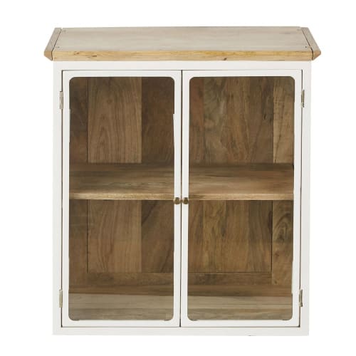 Küchenoberschrank aus massivem Mangoholz, weiß mit 2 Glastüren B60