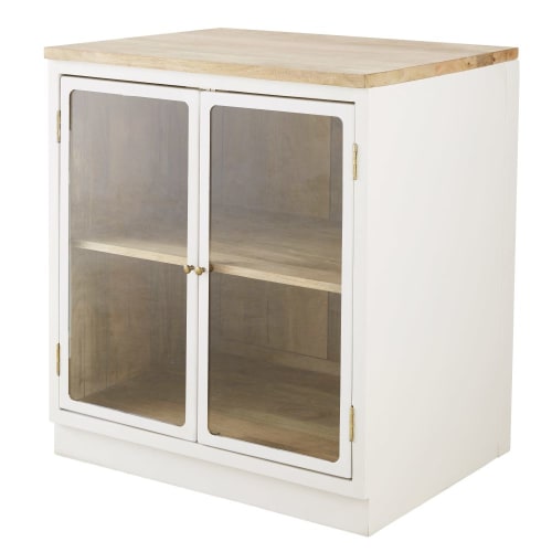 Küchenunterschrank mit 2 Glastüren aus massivem Mangoholz, weiß Cezanne