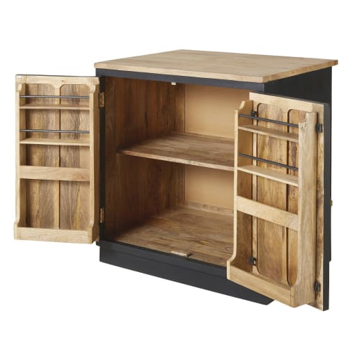 Küchenunterschrank mit 2 Türen aus massivem Mangoholz, schiefergrau