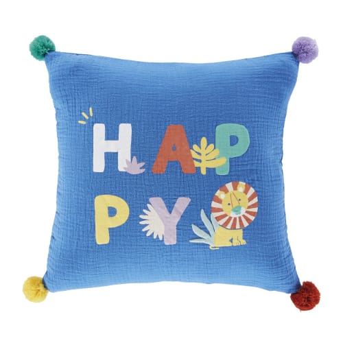 optellen Trein Geweldig Kussen met pompons en meerkleurig woord 'HAPPY' 35 x 35 cm | Maisons du  Monde