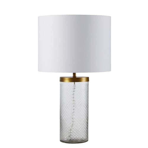 Lamp uit verguld metaal en geslepen glas met witte lampenkap