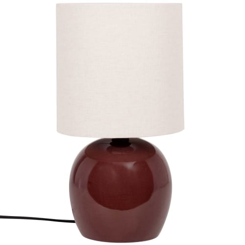Lámpara de cerámica marrón con pantalla de algodón blanco